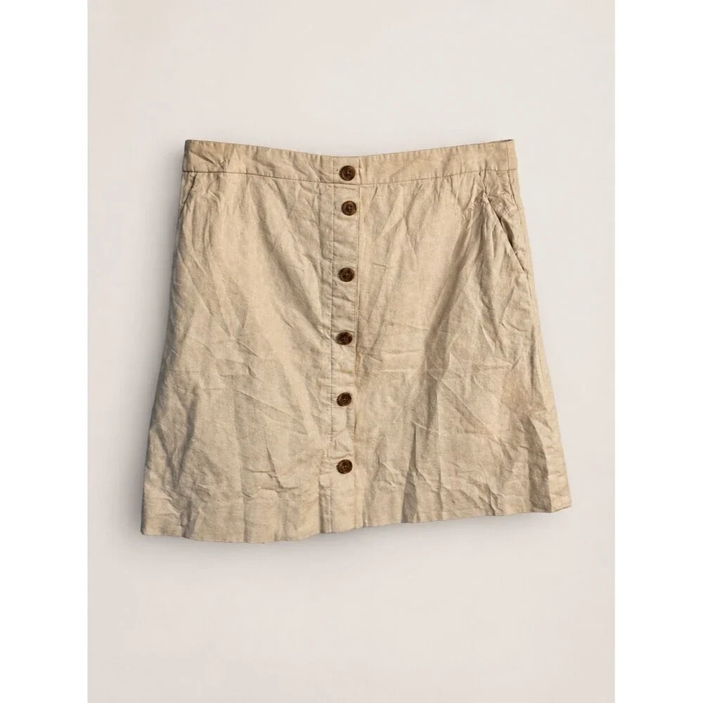 J.Crew Button Front Mini Skirt Tan Beige Women’s Size 12 Linen Blend Preppy Fit